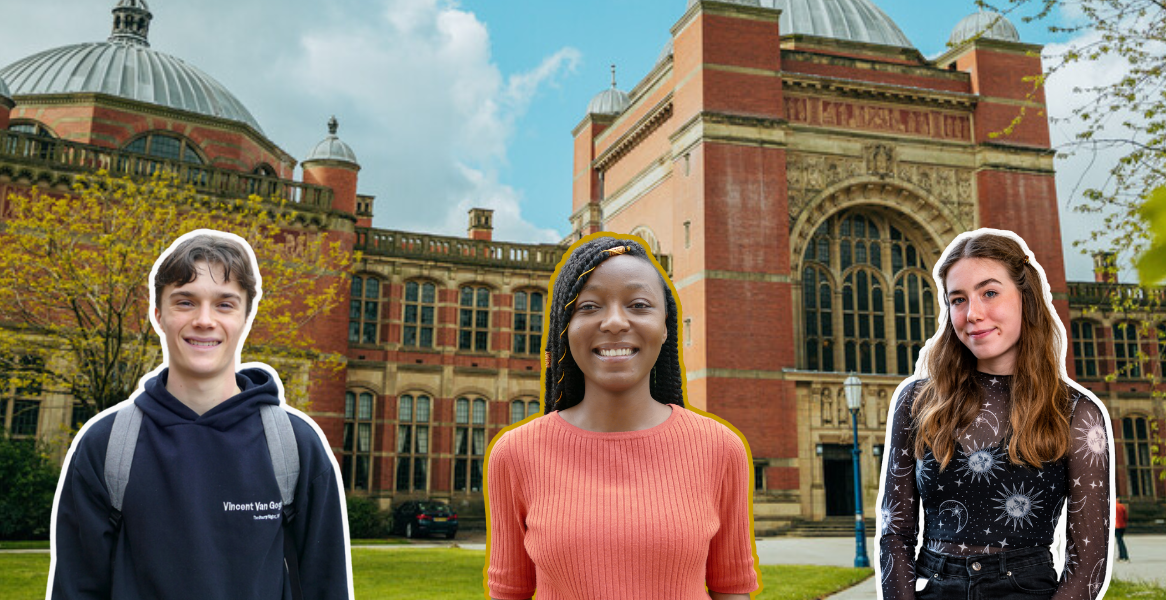 A cut out of 3 people standing in front of a large red-bricked building
